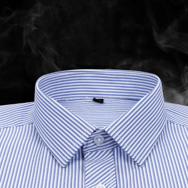 Cotton Men's Classic Long Sleeve Striped Basic Dress Shirts Single Patch Pocket Formal Business Standard-fit Office Social Shirt