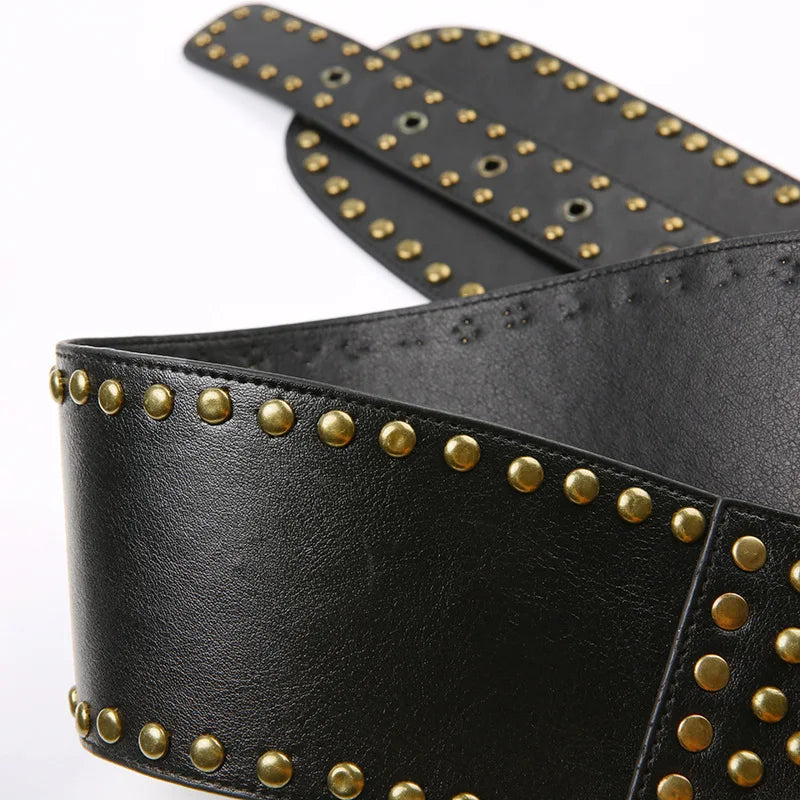 Vintage Punk Studded Belt  Chain Y2K Metal Pu Western Cowboy Wide Waistband Waist Belts Sexy Hiphop Men Skeleton Beaded Belt
