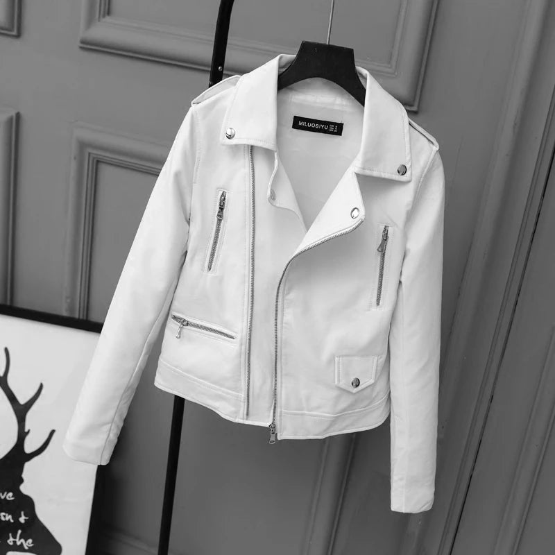 Fitaylor 2022 New Spring Autumn Women Biker Leather Jacket Soft PU Punk Outwear Casual Motor Faux Leather White Jacket