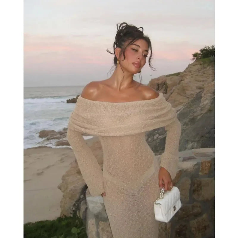 Tossy Knit Hollow Out Off-Shoulder Maxi Dress Female Cover up See-Through Sleeve Holiday Beach Party Dress Women Knitwear Dress