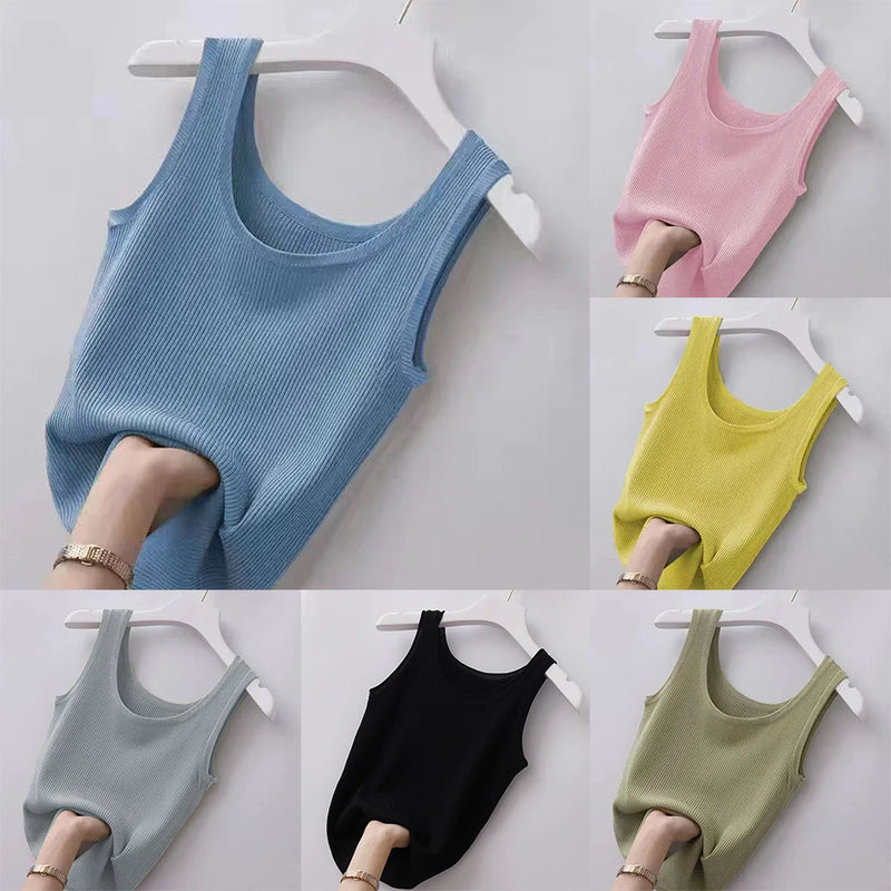 Summer Knit Vest Top Sleeveless O Neck Women Camisole Pure Color Black White T-shirt Slim Tank Top Casual Plain Tees Tank Top