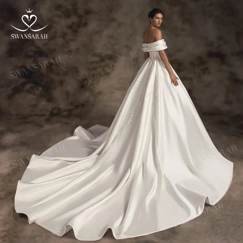 Off Shoulder Wedding Dress 2024 Satin Beading A-Line Court Train Princess Bride Gown SwanSarah W230 Plus Size Vestido De Novia
