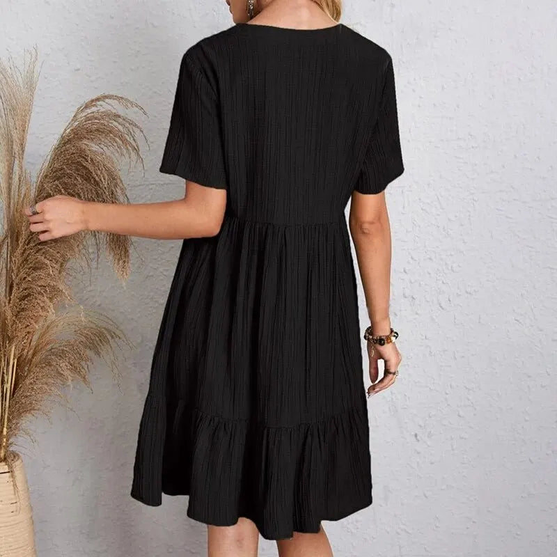 Women Summer Peplum Dresses Spring V-Neck Short Sleeve Loose Waist Ruffle Fit Flare Vocation Dresses