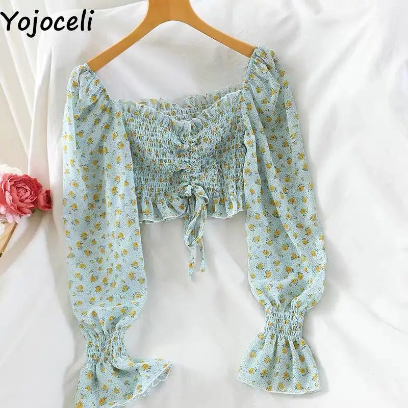 Yojoceli Sexy pleated print chiffon blouse women Autumn beach casual short crop top female Cool elegant ruffle blouse