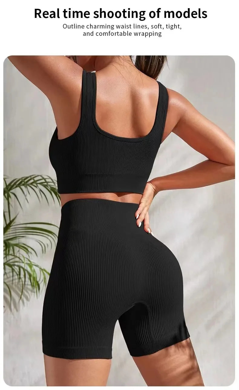 Ribbed Yoga Sport Set Women Seamless Crop Top Bra Shorts Yoga Set Comfort Elastic Sportsuit Workout Outfit Fitness Gym Clothes