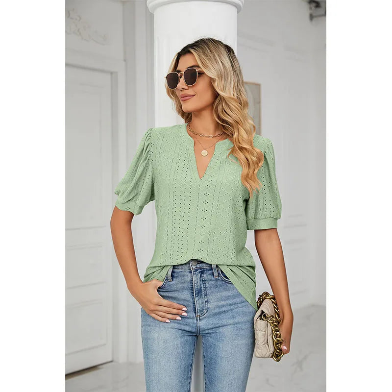 Solid Elegant V-Neck Loose Blouses For Women Fashion 2023 Summer Women's Puff Sleeve Shirts And Blouse Female Hollow Out Top