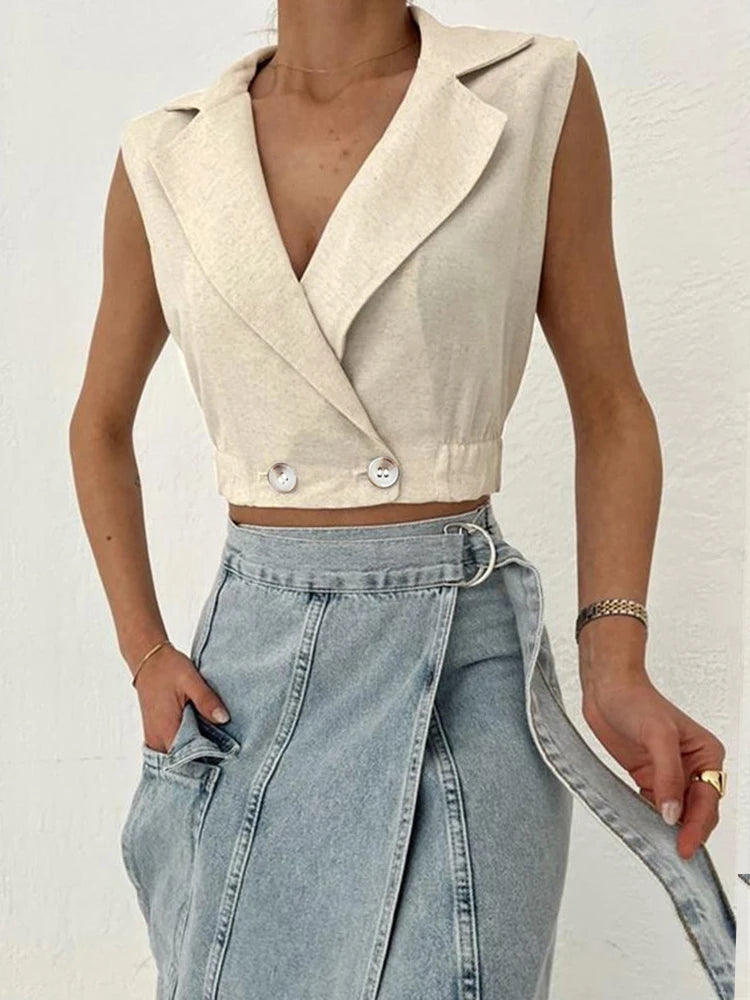 2024 Summer Women Solid Khaki Linen Tank Tops Sleeveless V-neck Vest Crop Tops For Women Female