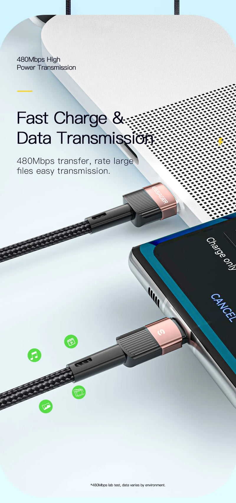 Essager 7A USB Type C Cable For Realme Huawei P30 Pro 66W Fast Charging Wire USB-C Charger Data Cord For Samsung Oneplus Poco F3