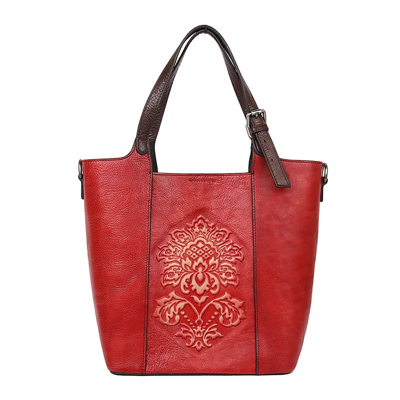 2024 New Vintage Style Luxury Handbags Women Large Capacity Bucket Bag Genuine Cowhide Handmade Embossing Women's Shoulder Bags