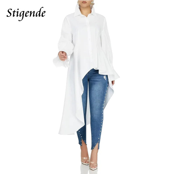 Casual Flare Sleeve Irregular Blouse Shirt Women Sexy Asymmetrical Long Loose Shirt Fashion Single Breasted White High Low Tops