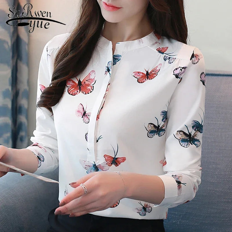 Long Sleeve Women Shirts LooseWhite Blouse Print Women Blouse Shirt Fashion Womens Blouses And Tops Office Blouse 1042 40