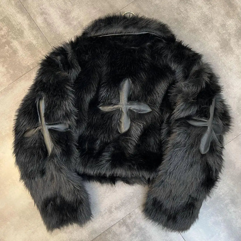 2024 Winter Women Jacket Lapel Long Sleeve Patch PU Cross Fur Cotton Coat