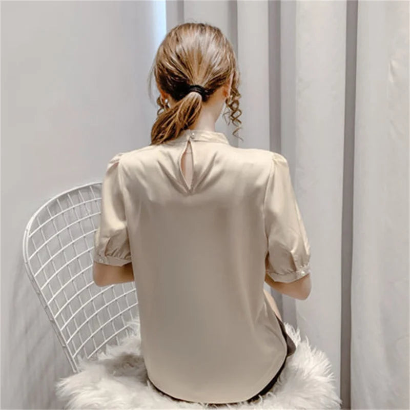 Women Summer Style Blouses Shirts Lady Fashion Casual Puff Short Sleeve O-Neck Solid Pearl Blouses Tops WY0227