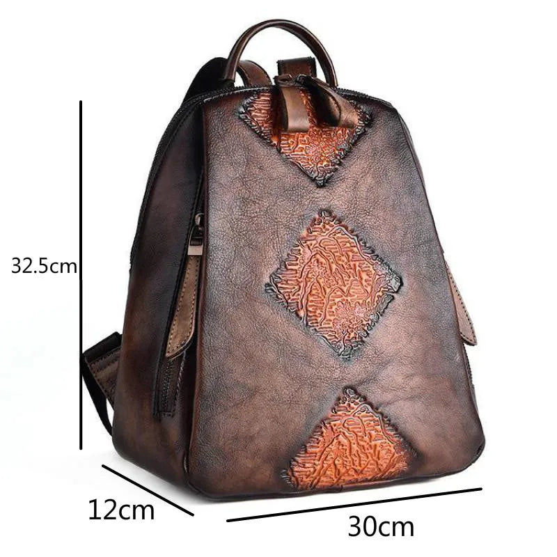 Handmade Retro Embossed Floral Backpack For Women Genuine Cowhide Leather Fashion Women Bag Solid Color Muti-function Backpacks