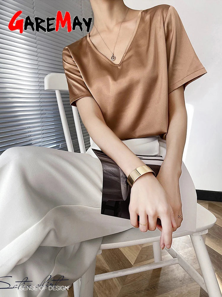 Beautiful Women's Blouses New Summer 2023 Shoort Sleeve V Neck Elegant Silk Satin Shirt Korean Fashion Top Vintage White Shirt