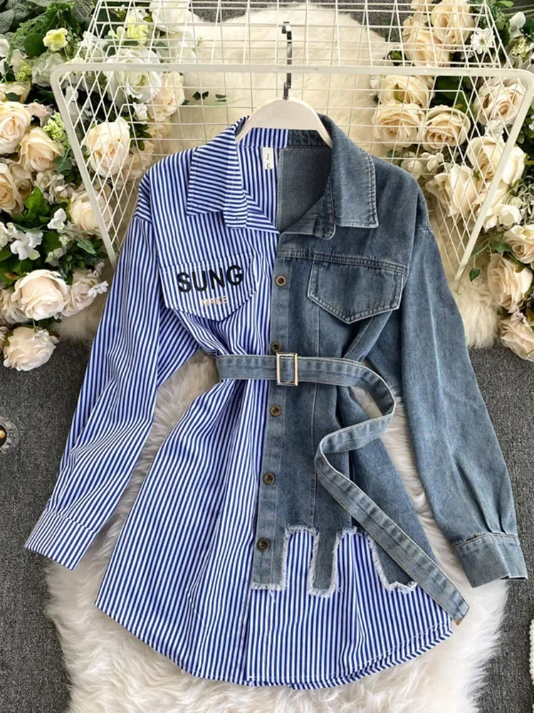 Spring Autumn Women's Denim Shirt Color Contrast Patchwork Lace Up Blouse Shows Thin Versatile Top Fashion GD596