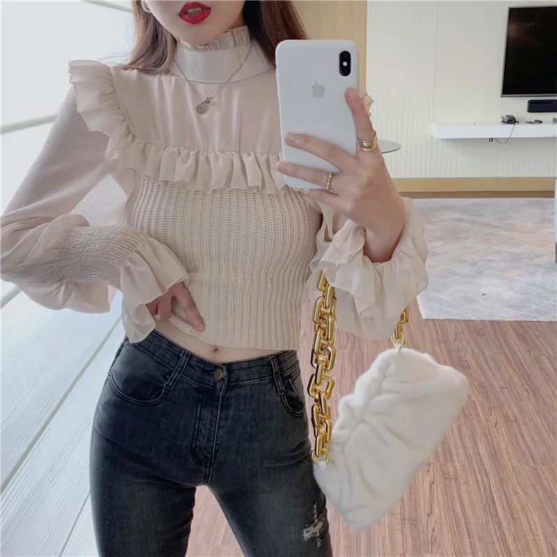 Gagarich Women Sweater Winter Autumn French Sweet Temperament Female Mesh Stitching Frill Design Solid Color Pullovers