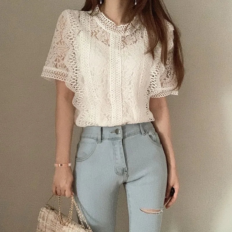 Cropped Shirts Women Short Sleeve O-Neck Casual Lace Hollow Out Elegant Fashion Retro All-match Slim Summer Chic Top Ulzzang Ins