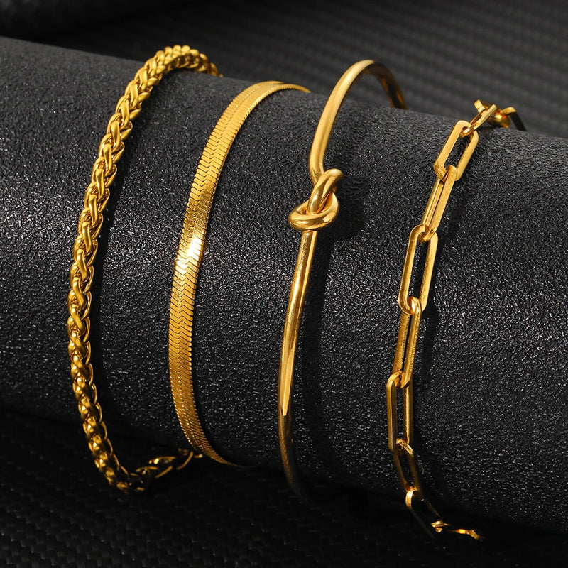 Stainless Steel Bracelets 4 pieces Multi-layer Mixed Chain hip-hop Exaggerated Bracelet For Women Jewelry Party Wear New Popular