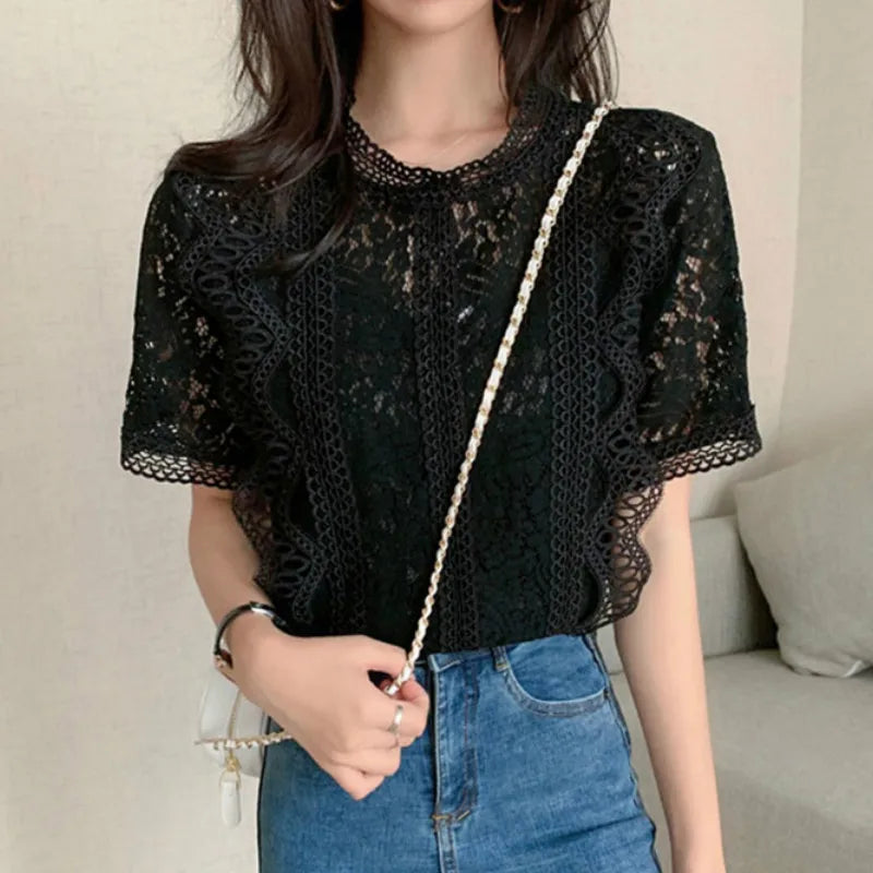 Cropped Shirts Women Short Sleeve O-Neck Casual Lace Hollow Out Elegant Fashion Retro All-match Slim Summer Chic Top Ulzzang Ins