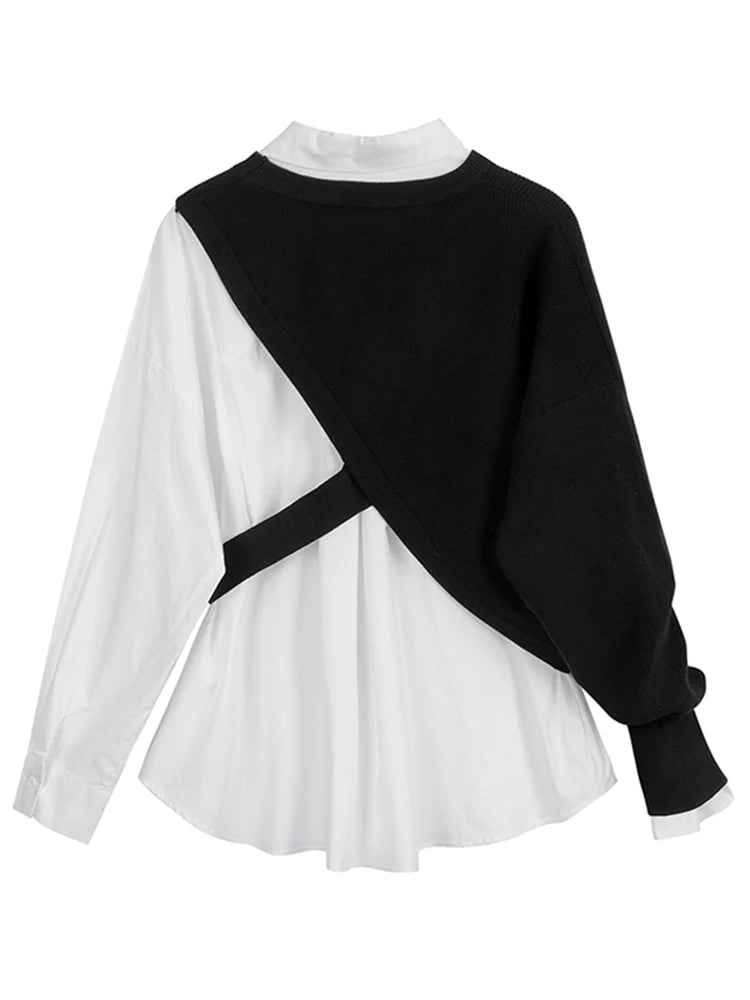 [EAM] Women White Knitting Split Big Size Blouse New Lapel Long Sleeve Loose Fit Shirt Fashion Tide Spring Autumn 2024 1DC019