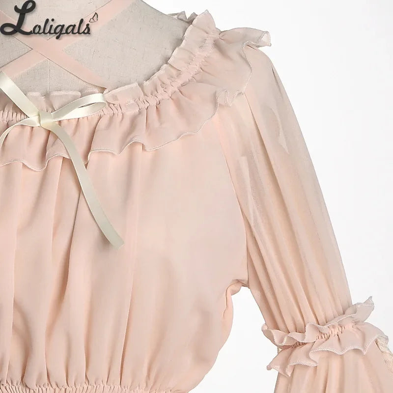 Sweet Women's Chiffon Blouse Flare Sleeve Cross Neck Lolita Top for Summer