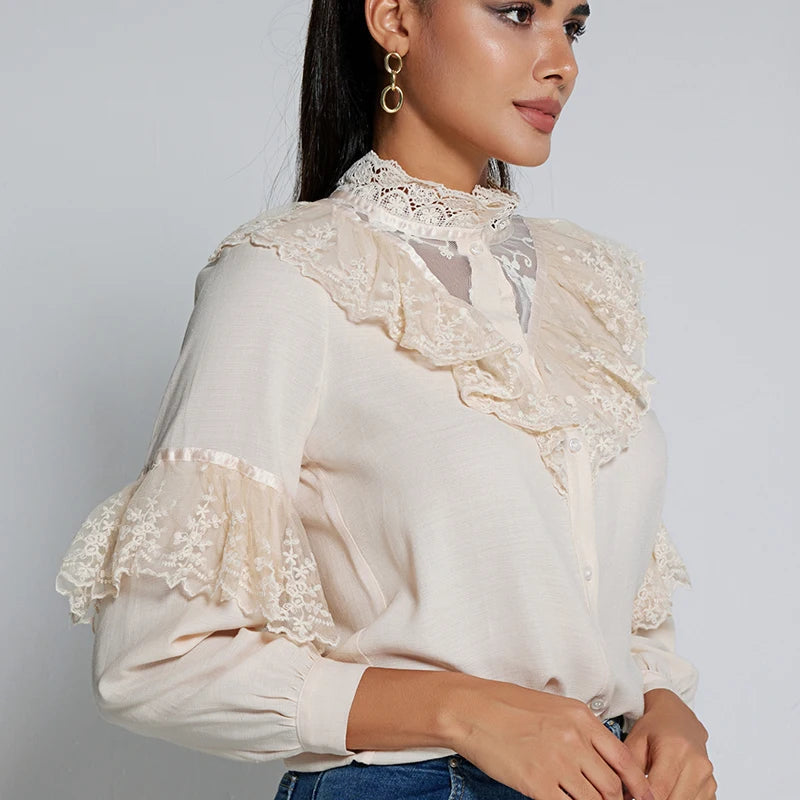 Elegant Ruffled Lace Blouse Women Stand Collar Embroidery White Shirt Woman Long Sleeve Vintage Blouses Lady Tops Blusas 11335