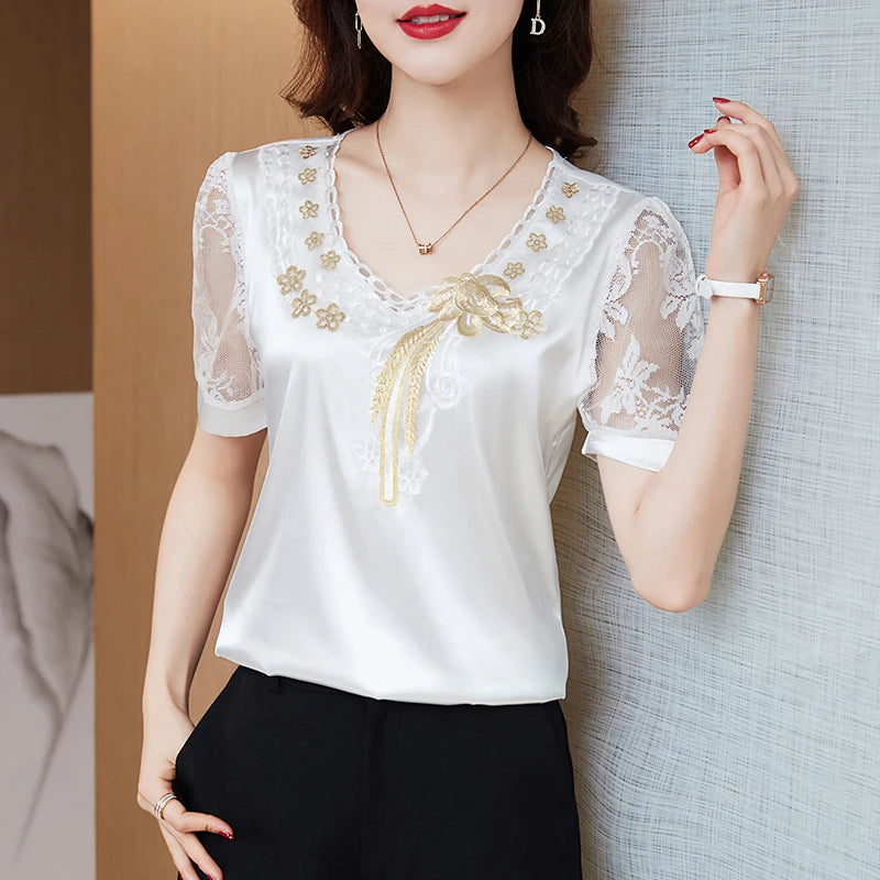 M-4XL Summer Clothing New fashion Satin Lace Tops Short Sleeve embroidery shirt Hollow out Women blouse