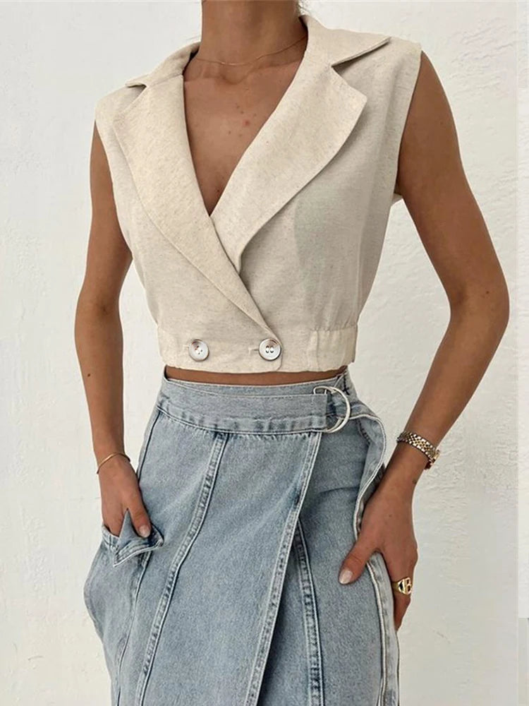 2024 Summer Women Solid Khaki Linen Tank Tops Sleeveless V-neck Vest Crop Tops For Women Female