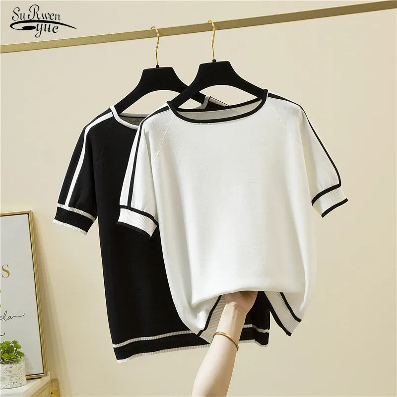 Camisetas Mujer Thin Knitted T Shirt Women Short Sleeve Summer Tops Woman Clothes Striped Fashion T-Shirt Tee Shirt Femme 18841