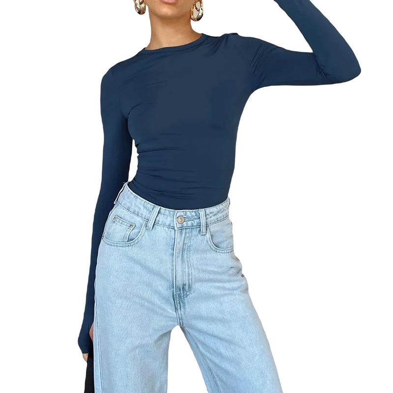 Women T-shirt Long Sleeve Crew Neck Solid Slim Fit Ladies Crop Top with Thumb Holes for Daily Street