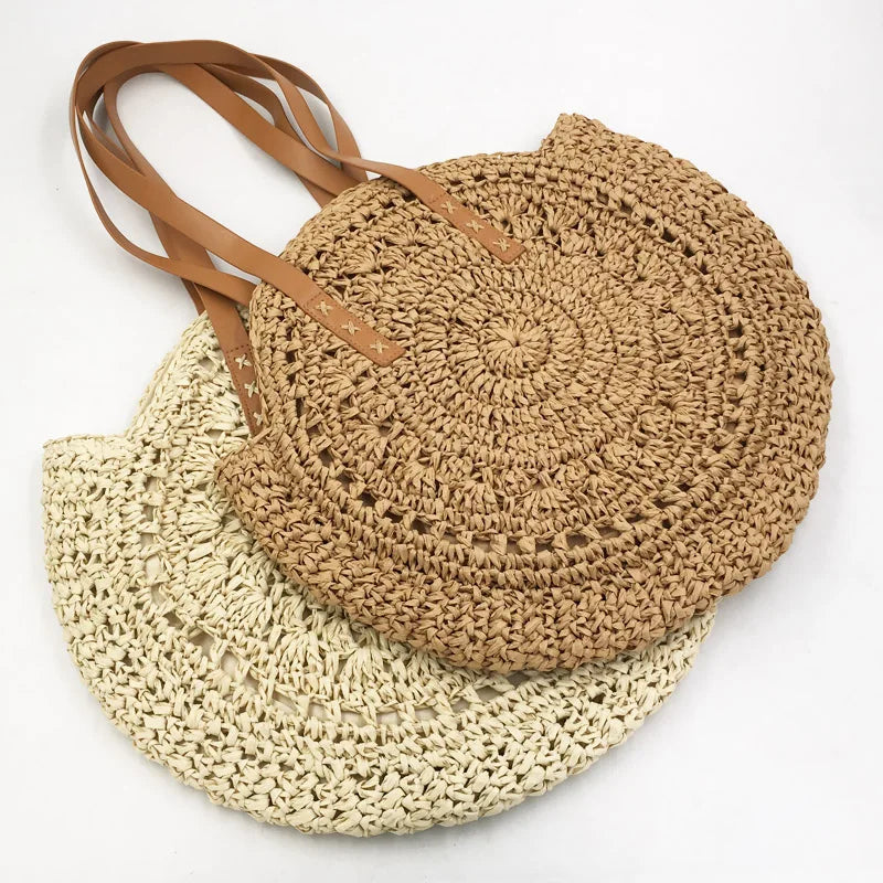 Handmade Round Woman Shoulder Bag Bohemian Straw Bags Woven Handbag Summer Beach Bag Female Large Capacity Rattan Knitting Tote