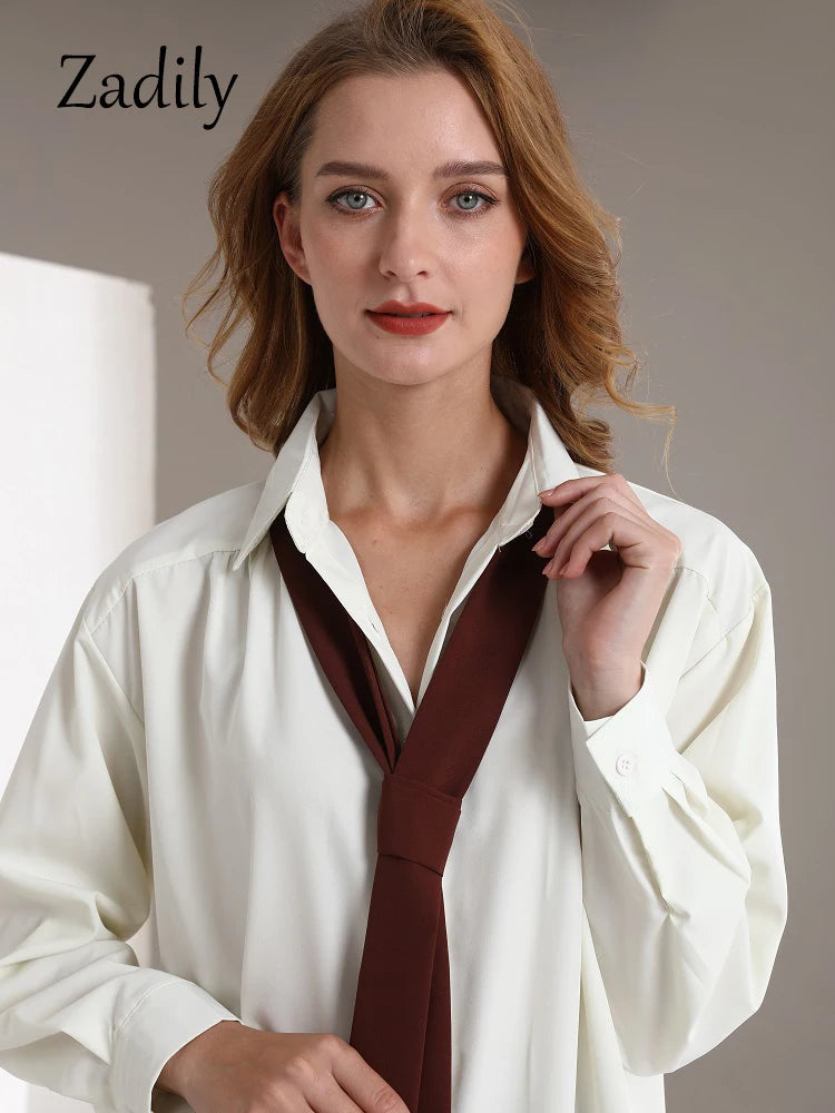 Zadily 2023 Spring Minimalist Long Sleeve Button Up Shirt Women Korean Style Solid Tie Oversize Shirts Blouse Loose Clothes Tops