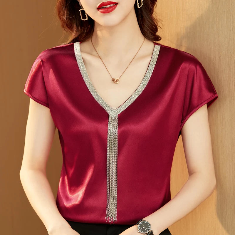 Shirts and  Blouses Fashion Woman 2024 Silk Tops Solid V-neck Satin Bat Sleeve for Women Elegant Office Lady Loose Casual 15494