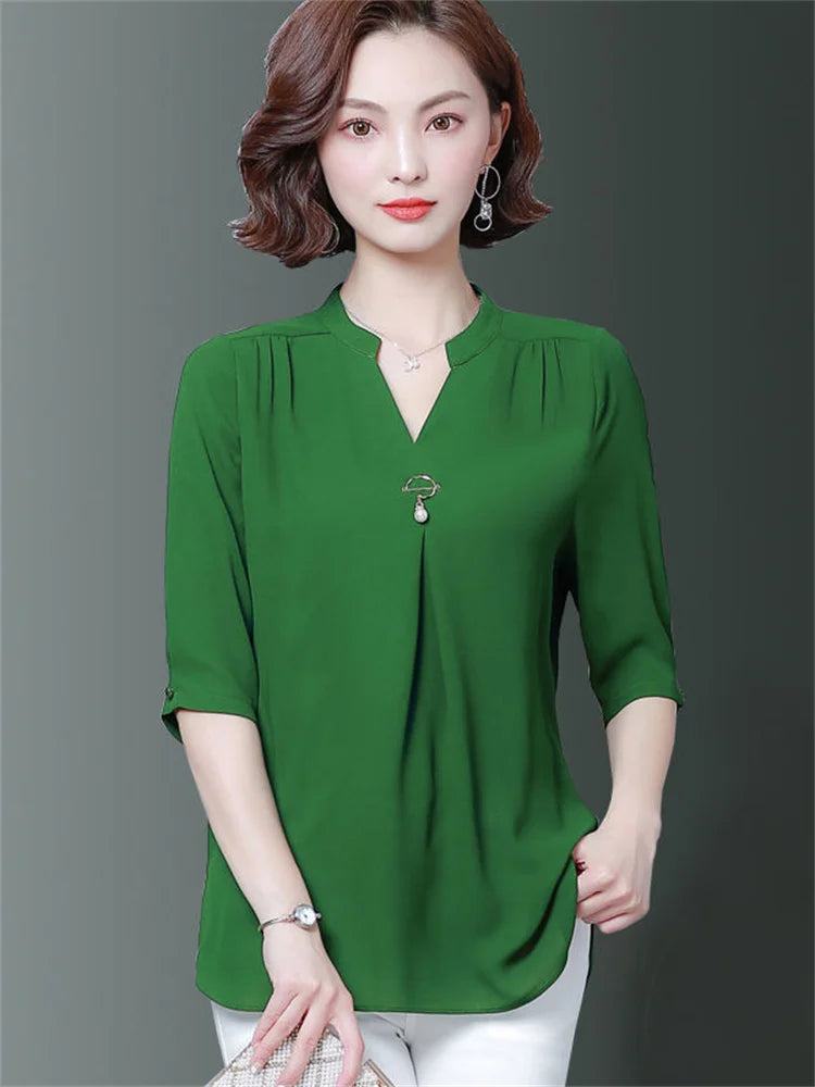 5XL Oversize Women Spring Summer Style Chiffon Blouses Shirts Lady Casual Half Sleeve V-Neck Loose Style Blusas Tops DF2867