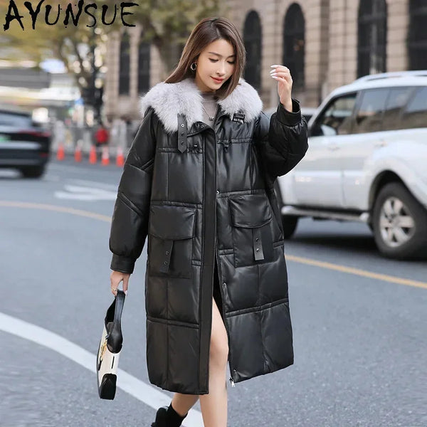 Real AYUNSUE Sheepskin Leather Jacket Women Winter Luxury Fox Fur Collar Mid-long White Duck Down Coats Loose Outerwears Abrigos