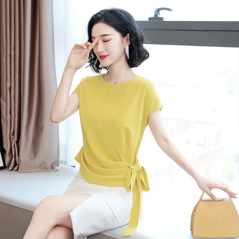 Summer Silk Short-Sleeved Women's Blouse And Tops Office Lady LooseSolid Bow Shirts Women Blusas Mujer De Moda 9899