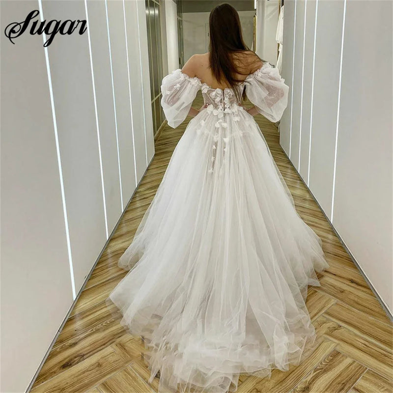 Wedding Dresses Fairy Sweetheart Neck Boho Bride Dresses 3D Flowers Puff Sleeve Elegant Wedding Gowns suknia ślubna Bridal Gown