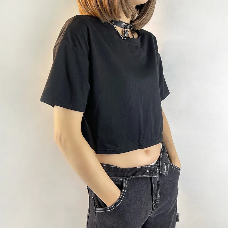 Butterfly Wings Black Crop Tshirts for Women E-girl Dark Academia Grunge Clothes Pullovers Tees