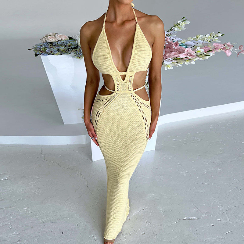 wsevypo Women Halter Tie-up Knit Crochet Beach Dress Sexy Backless Sleeveless Deep V Cutout Waist Wrapped Bodycon Dress Clubwear