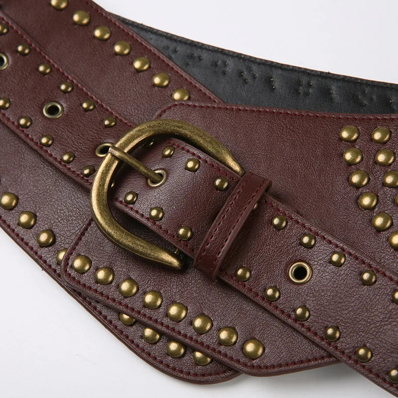 Vintage Punk Studded Belt  Chain Y2K Metal Pu Western Cowboy Wide Waistband Waist Belts Sexy Hiphop Men Skeleton Beaded Belt