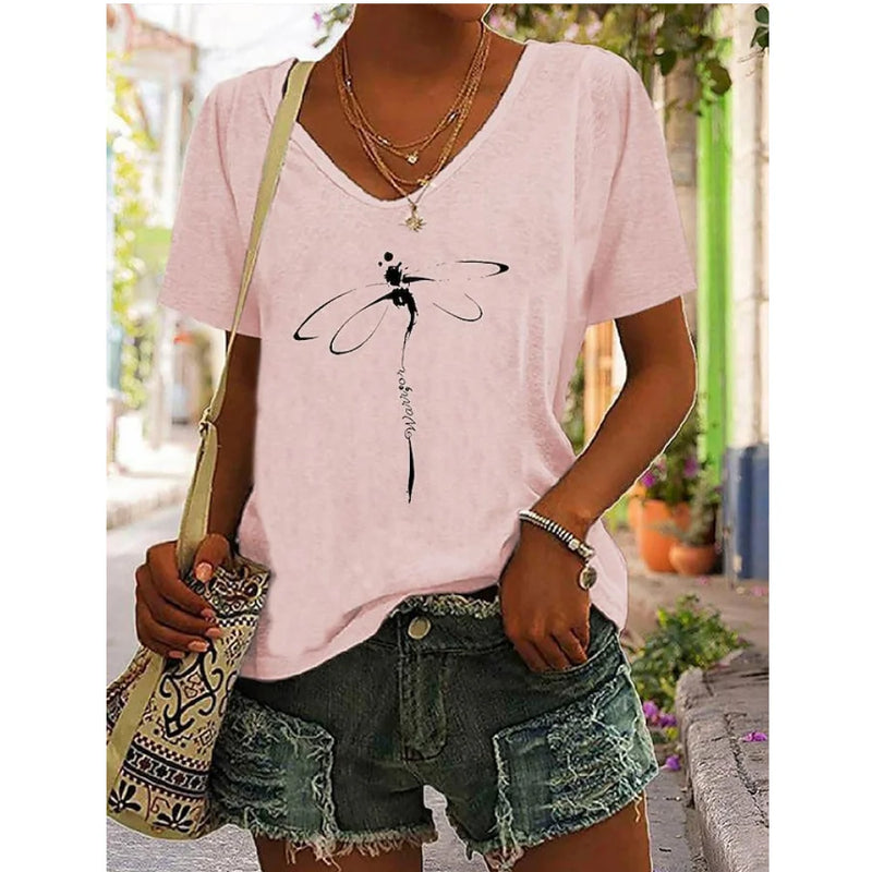 Women's T-Shirt Summer Dragonfly Print Tops Tees Casual Daily V Neck Blouse Women Oversized Pullovers Girls Minimalist Clothing