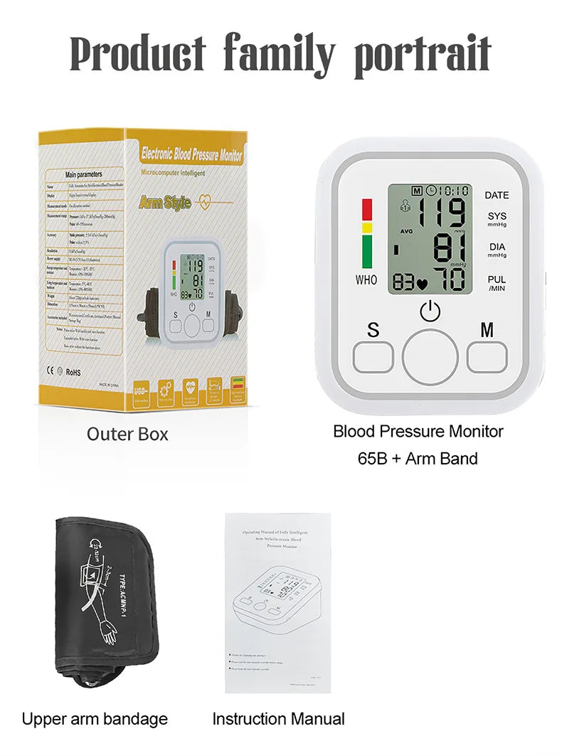 Medical Digital Arm BP Blood Pressure Monitor Automatic Tensiometer Tonometer Sphygmomanometer Heart Rate Pulse Meter Oximeter