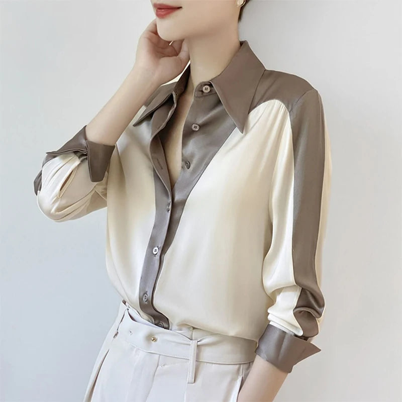 Spring Summer Elegant Fashion Patchwork Buttons Shirt Ladies Long Sleeve Temperament All-match Cardigan Tops Women Simple Blouse