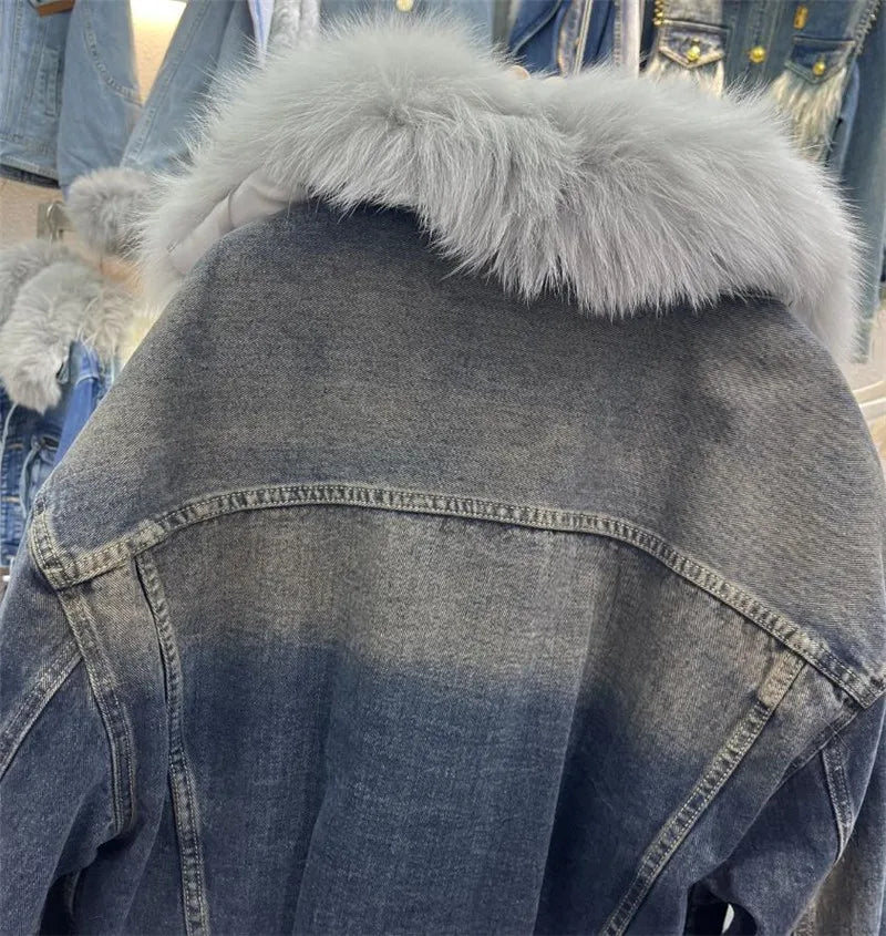 Denim Spliced real fur Coat for Women 2023 Autumn Winter New Thickened Fur Liner Stylish Short Denim Jacket Y4435