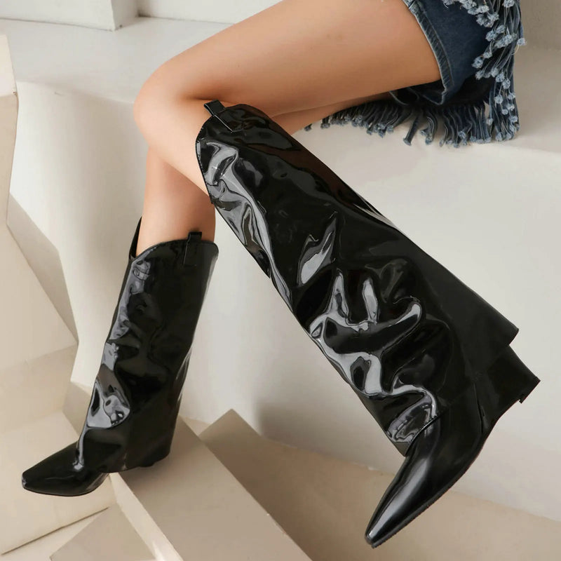 Eokkar Wedge Knee High Boots Shark Lock Long Patent Leather Boots Flod Over Cowboy Boots for Women Squuare Pointed Toe Long Boot