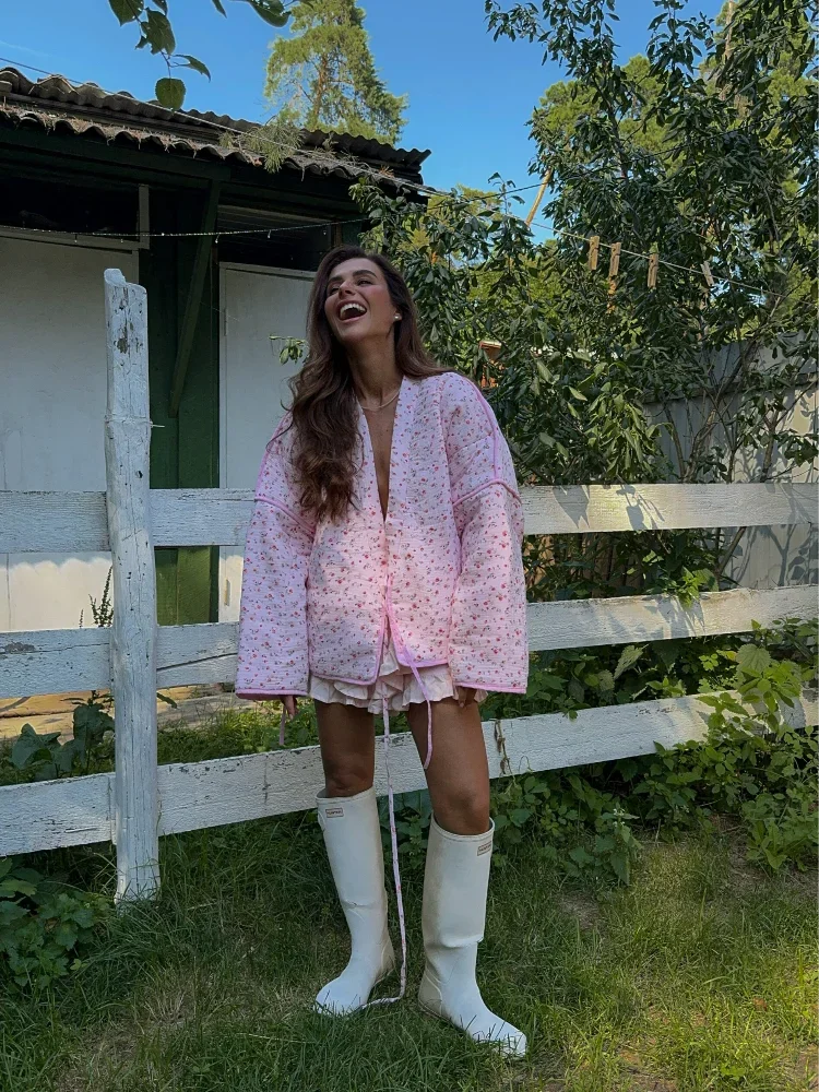 2024 New Pink Floral Cotton Coats Women Fashion V-neck Full Sleeve Lace Up Loose Jacket Autumn And Winte Chic Warm Lady Outwear