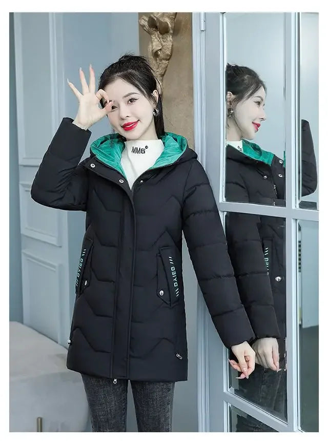 Winter Fashion Women Mid Length Down Cotton Jacket Korean Loose Thick Warm Padded Coat Female Hooded Parkas Outerwear Winter