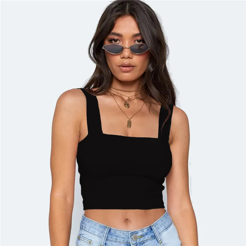 Square Neck Sleeveless Summer Crop Top White Women Black Casual Basic T Shirt Off Shoulder Cami Sexy Backless Tank Top