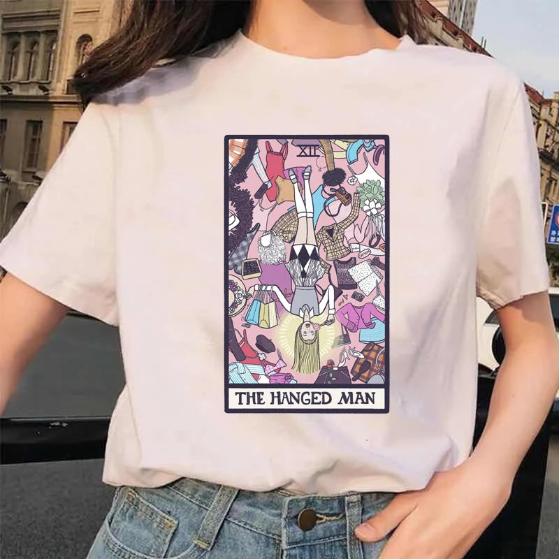 Women's Tarot Card Flower Funny Time Ladies Cartoon Fashion Short Sleeve Summer Printed T-shirt Women's T-shirt Top Pattern.